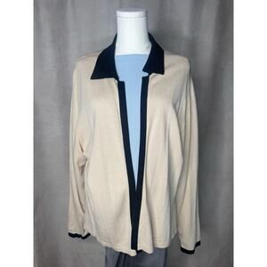 Elisabeth Claiborne Open Cardigan Collared Cream Black Trim 26” Length